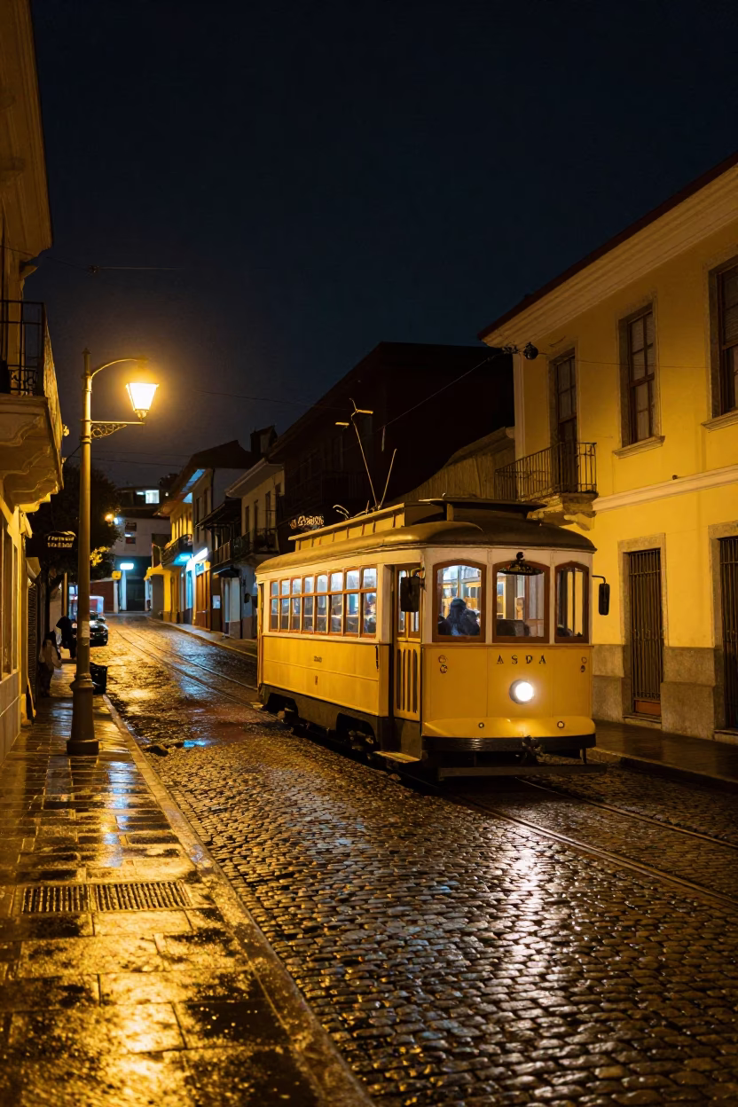 Nighttime Heritage Tram on Cobblestone Avenue in Valparaiso Chile with Paint Flecks in in Valparaiso, Chile