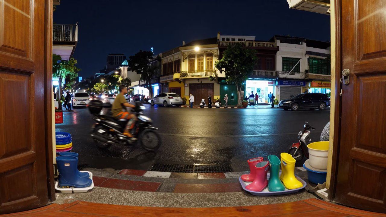 Nighttime Ho Chi Minh City Street Scene with Doorframe and Rain Boots in in Ho Chi Minh City, Vietnam