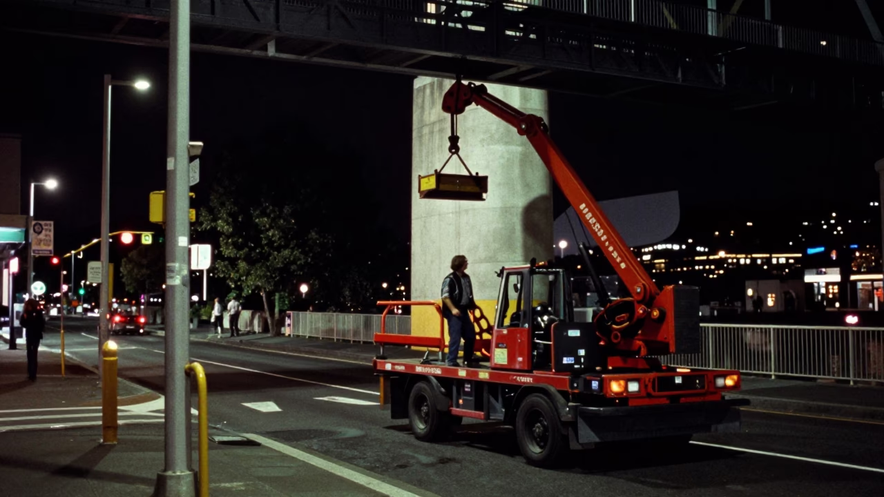 Nighttime Hobart Street Scene with Bridge Maintenance Cradle and Window Light Reflections in in Hobart, Tasmania, Australia