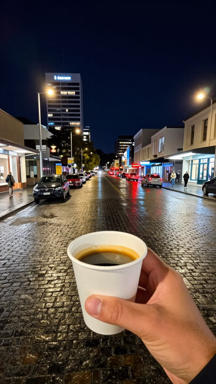 Nighttime Hobart Street Scene with Coffee Cup and Urban Lights in in Hobart, Tasmania, Australia