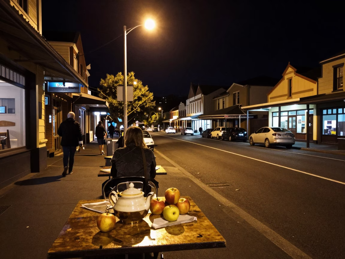 Nighttime Hobart Street Scene with Gravy Boat and Apples on Table in in Hobart, Tasmania, Australia