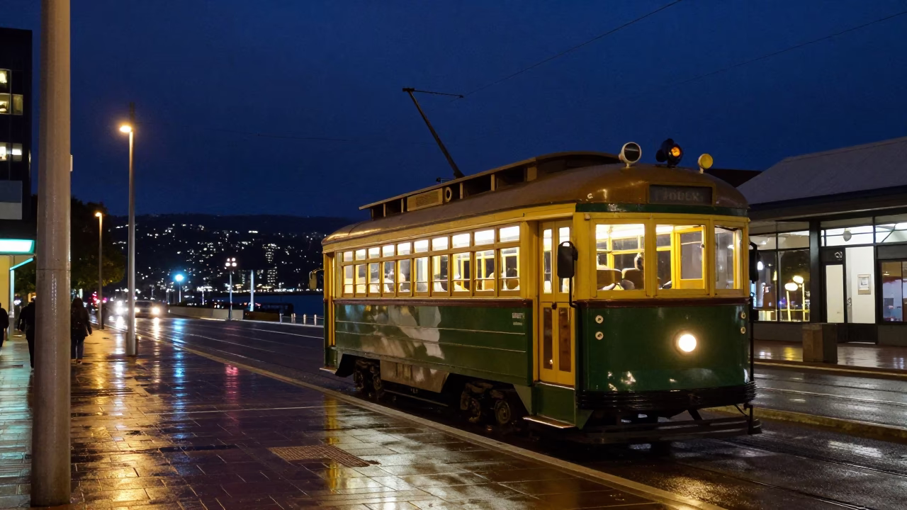 Nighttime Hobart Street Scene with Heritage Tram and Urban Rain in in Hobart, Tasmania, Australia