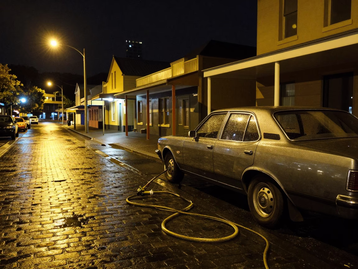 Nighttime Hobart Street Scene with Hose Nozzle and Pot Holders in Tasmania in in Hobart, Tasmania, Australia