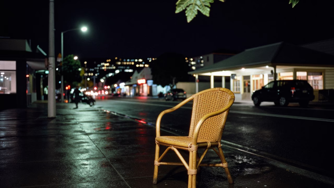 Nighttime Hobart Street Scene with Rattan Chair and Leaf Shadows in Tasmania in in Hobart, Tasmania, Australia