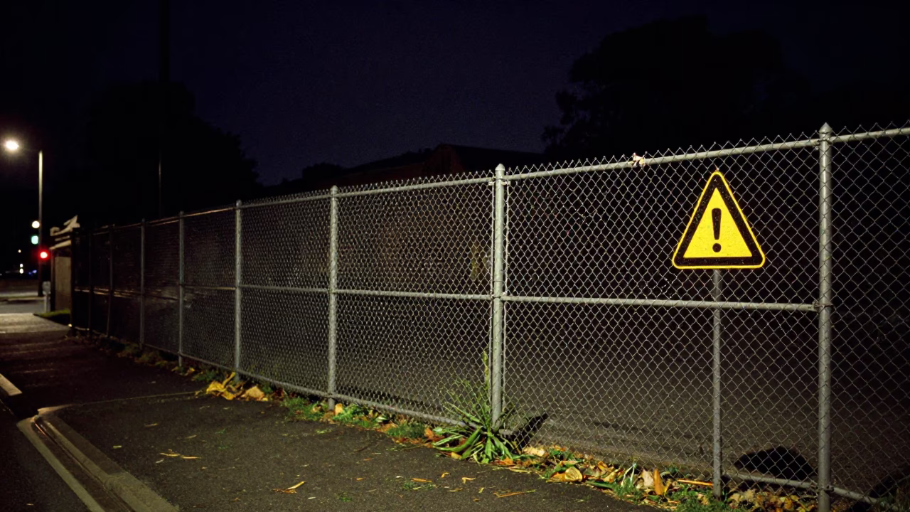 Nighttime Hobart Street Scene with Substation Fence and Warning Placards in Tasmania in in Hobart, Tasmania, Australia