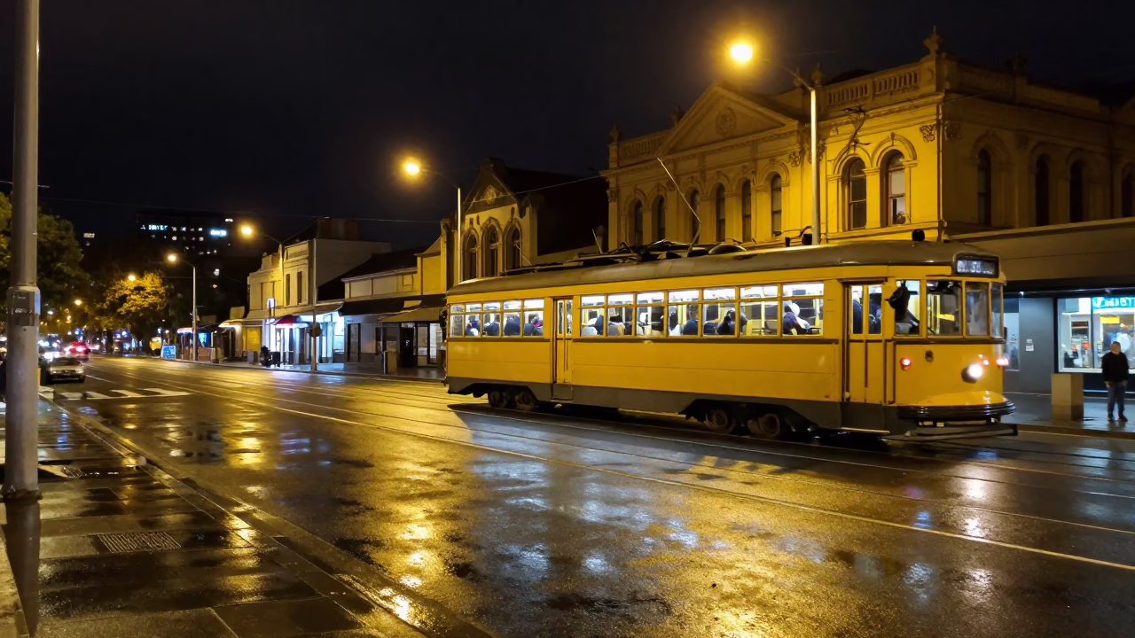 Nighttime Hobart Street Scene with Tram and Art Nouveau Architecture in in Hobart, Tasmania, Australia
