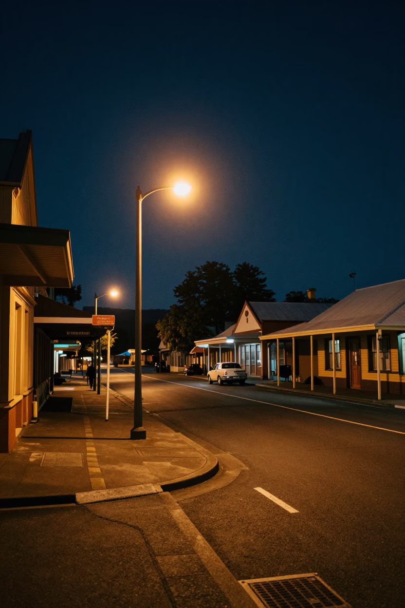 Nighttime Hobart Street Scene with Vintage 1950s Atmosphere and Local Elements in in Hobart, Tasmania, Australia