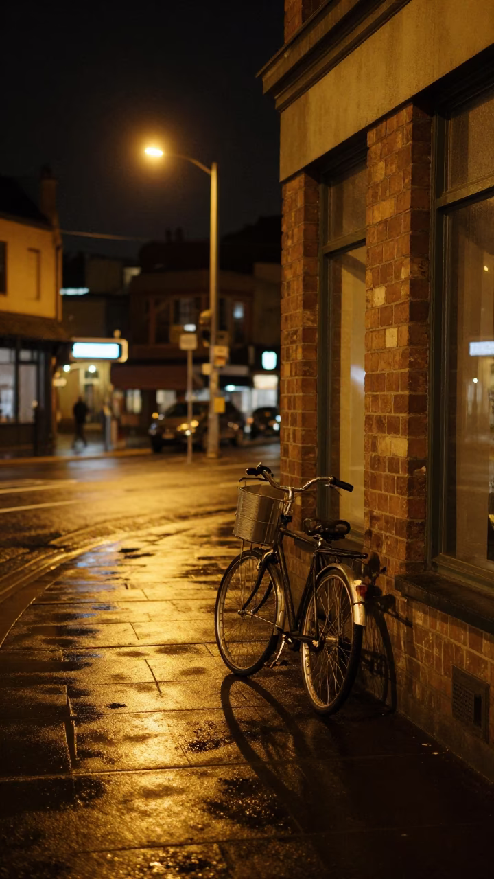 Nighttime Hobart Street Scene with Vintage Bicycle and City Lights in in Hobart, Tasmania, Australia