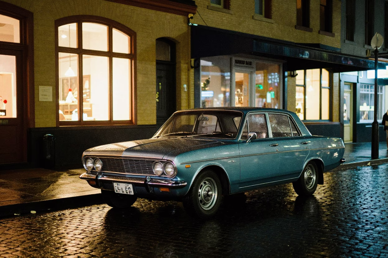 Nighttime Hobart Street Scene with Vintage Car and Illuminated Shopfront in in Hobart, Tasmania, Australia
