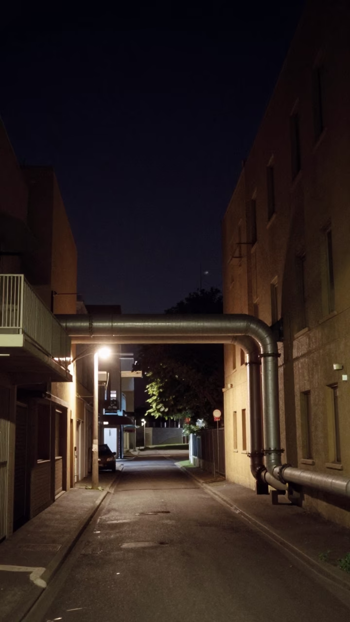 Nighttime Hobart Tasmania Street Scene with District Heating Pipes and Apartment Blocks in in Hobart, Tasmania, Australia