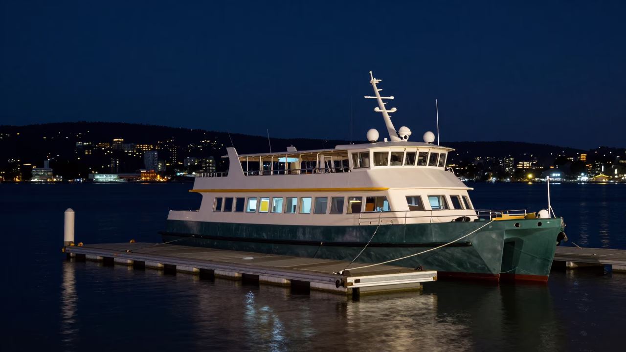 Nighttime Hobart Water Taxi at Dock with Brushed Steel Stool and Twine Fibers in in Hobart, Tasmania, Australia