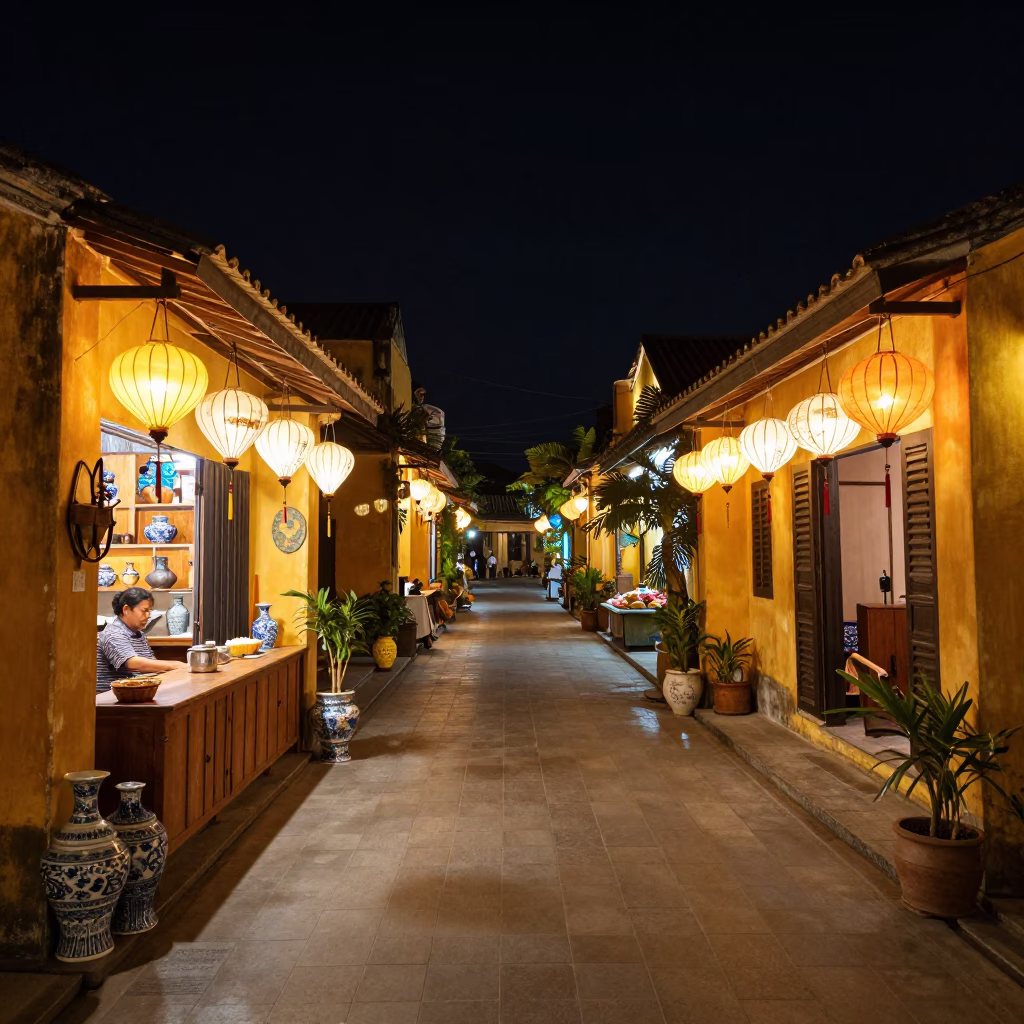 Nighttime Hoi An Street Scene with Blue Porcelain and Local Vendor in in Hoi An, Vietnam