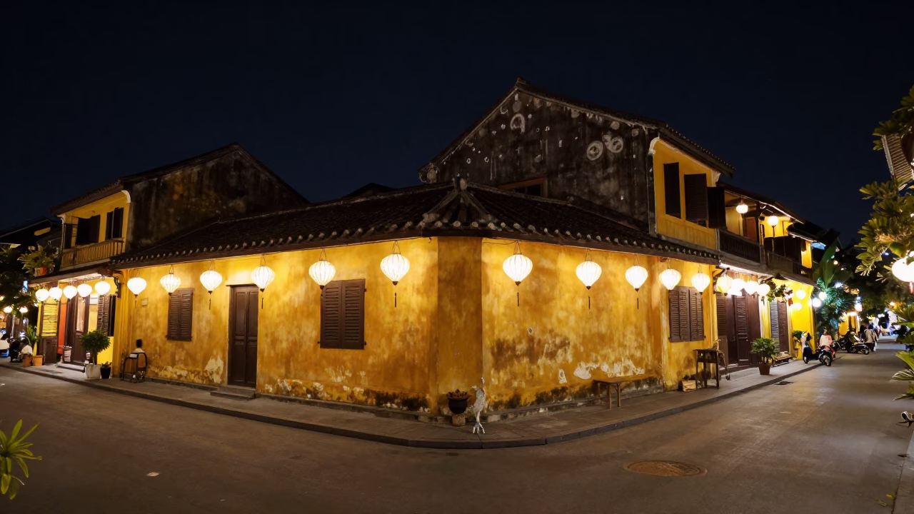 Nighttime Hoi An Street Scene with Hanging Paper Lanterns and Local Life in in Hoi An, Vietnam
