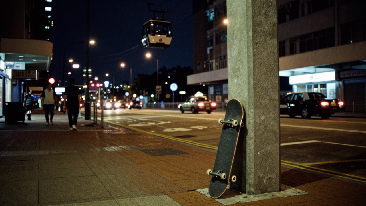 Nighttime Hong Kong Street Scene with Skateboard and Aerial Tramway Gondola in in Hong Kong, Hong Kong