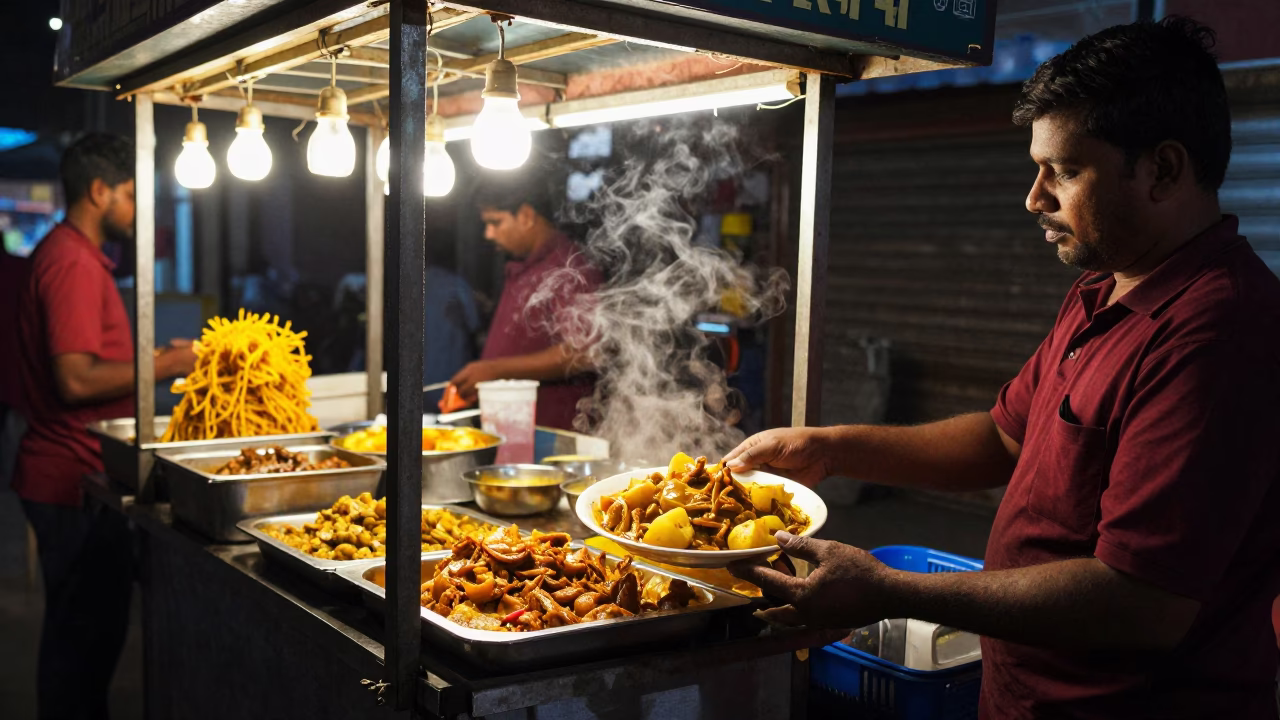 Nighttime Hyderabad Street Food Stall with Curry and String Lights in in Hyderabad, India