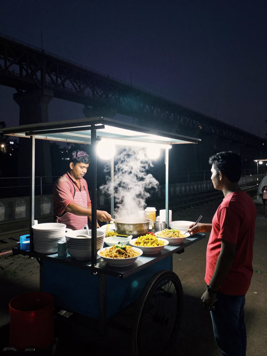 Nighttime Hyderabad Street Food Stall with Railway Viaduct and Train Passing in in Hyderabad, India