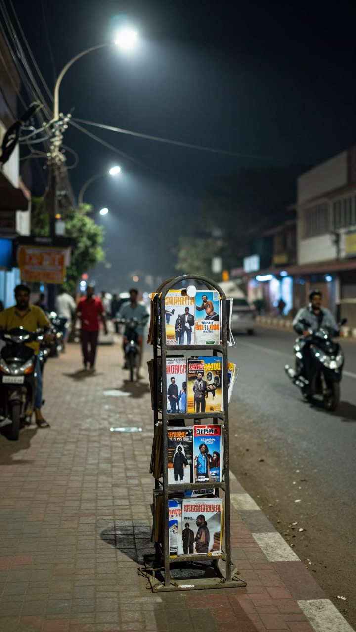Nighttime Hyderabad Street Scene with Magazine Rack and Local Interaction in in Hyderabad, India