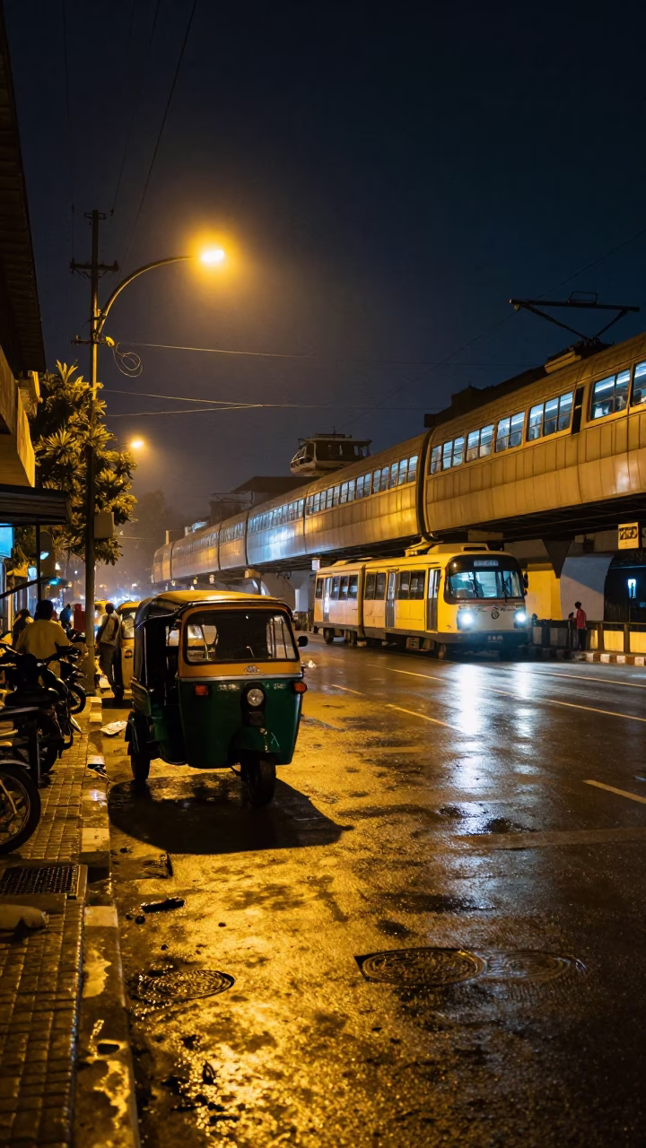 Nighttime Hyderabad Street Scene with Vintage Auto-Rickshaw and Monorail Infrastructure in in Hyderabad, India