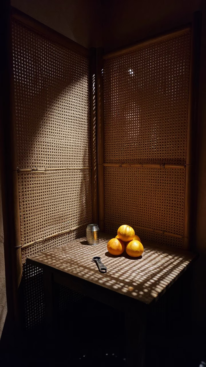Nighttime Interior in Essaouira Morocco with Wicker Shadows and Oranges in in Essaouira, Morocco