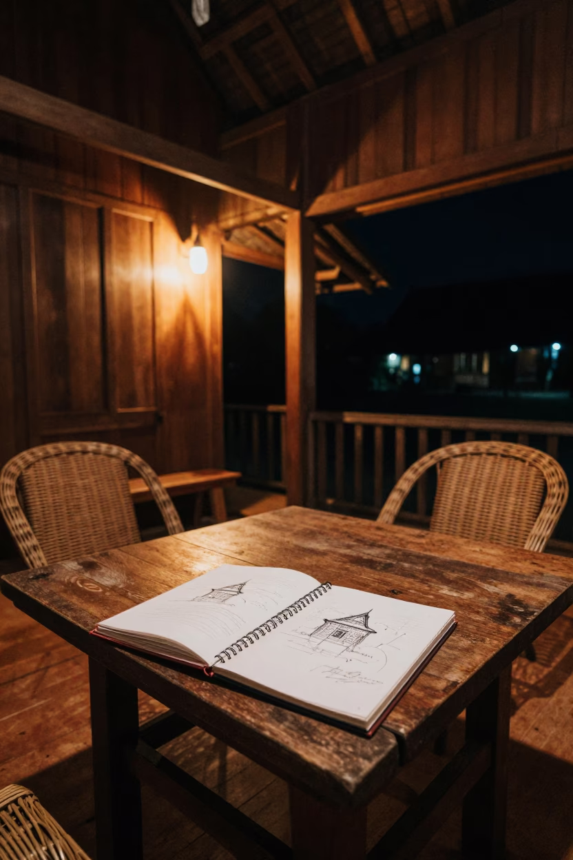Nighttime Interior of Luang Prabang Guesthouse with Sketchbook and Wicker Shadows in in Luang Prabang, Laos