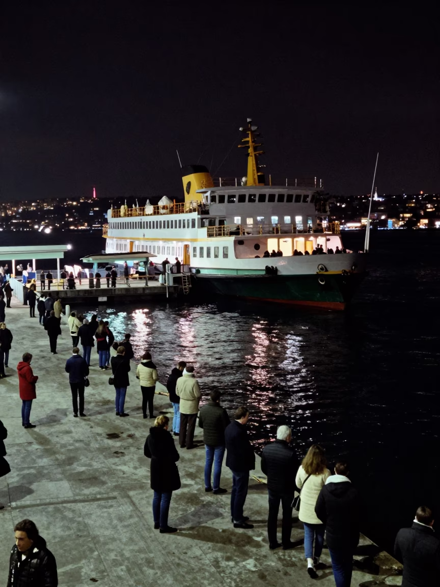 Nighttime Istanbul Ferry Dock Scene with Passenger Loading and Bicycle Transport in in Istanbul, Turkey