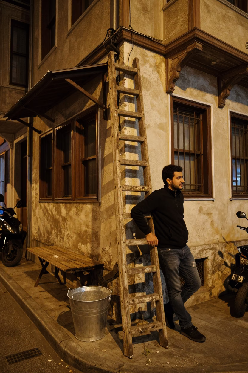 Nighttime Istanbul Street Corner with Metal Bucket and Wooden Ladder in in Istanbul, Turkey