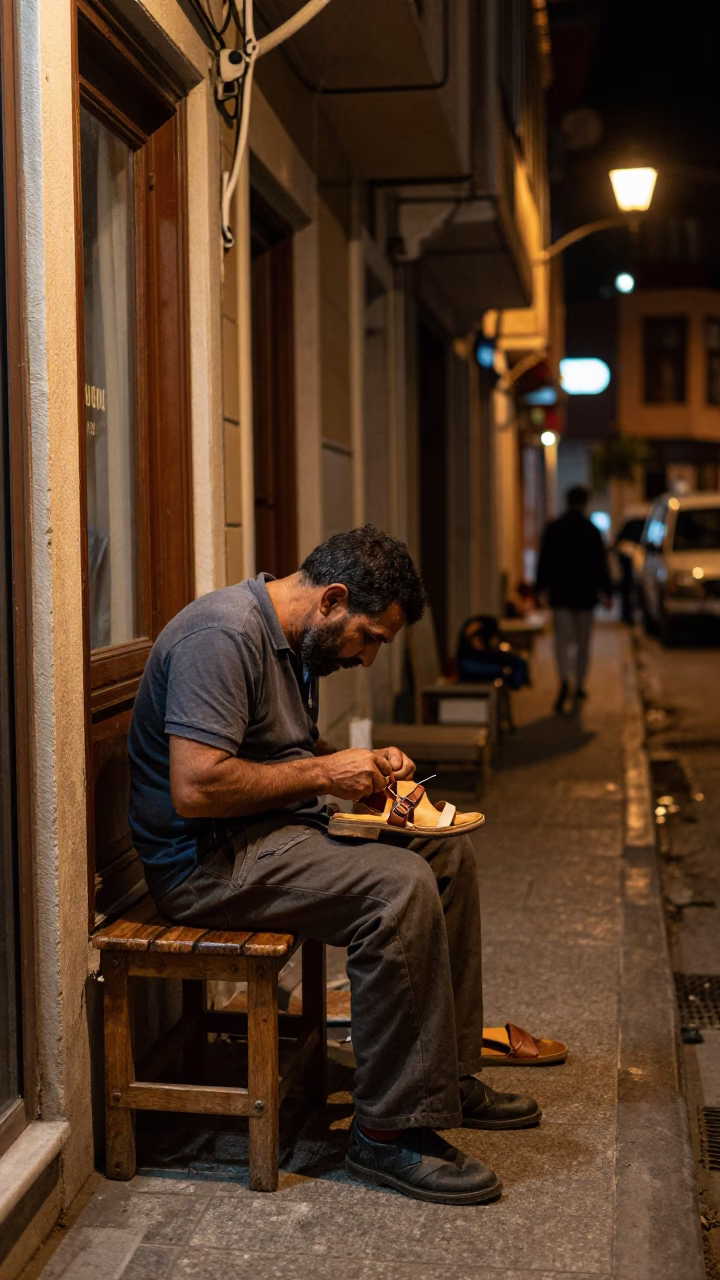 Nighttime Istanbul Street Scene with Cobbler Repairing Sandals on Wooden Bench in in Istanbul, Turkey