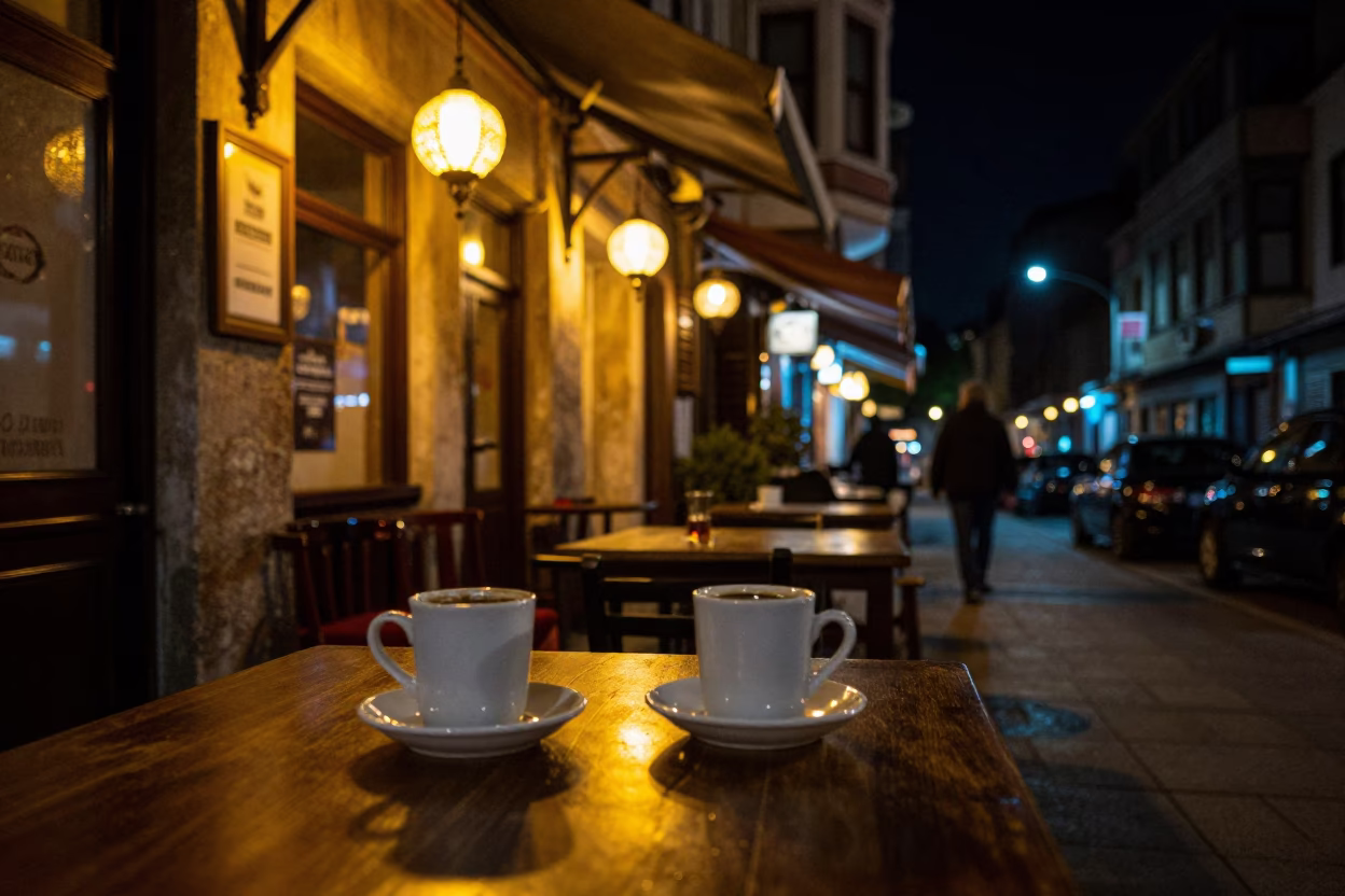 Nighttime Istanbul Street Scene with Coffee Mugs and Tea Towels in Traditional Cafe in in Istanbul, Turkey