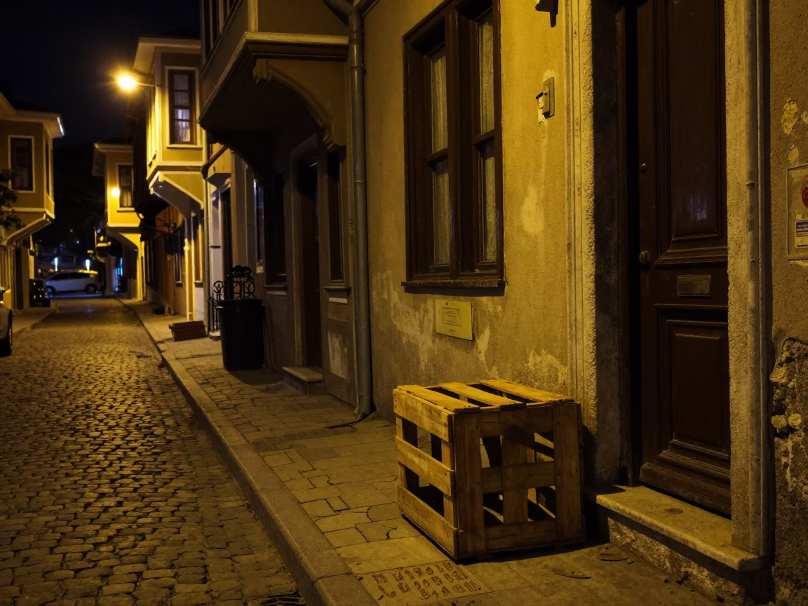 Nighttime Istanbul Street Scene with Crate and Urban Details in in Istanbul, Turkey