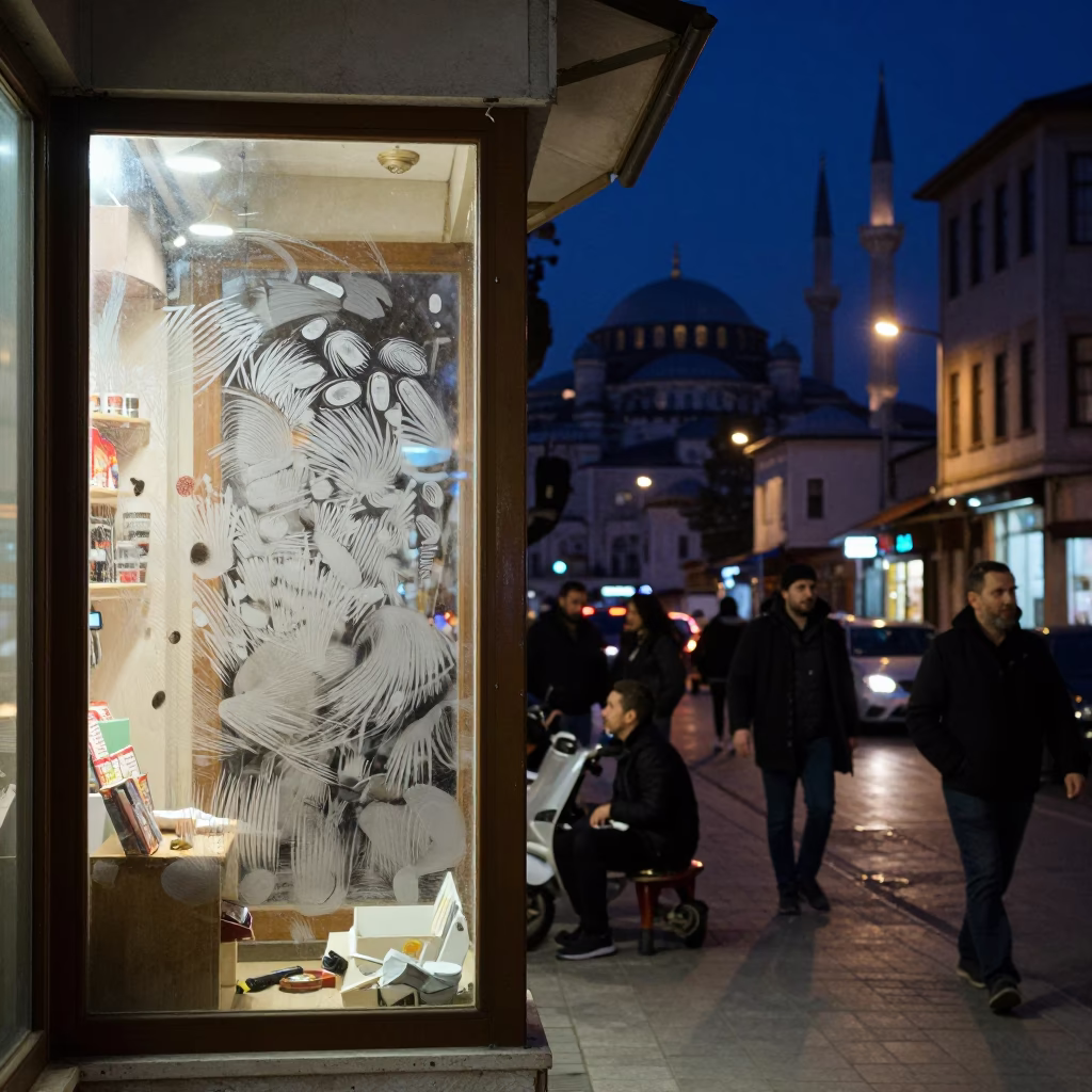 Nighttime Istanbul Street Scene with Fingerprints on Glass and Local Interaction in in Istanbul, Turkey
