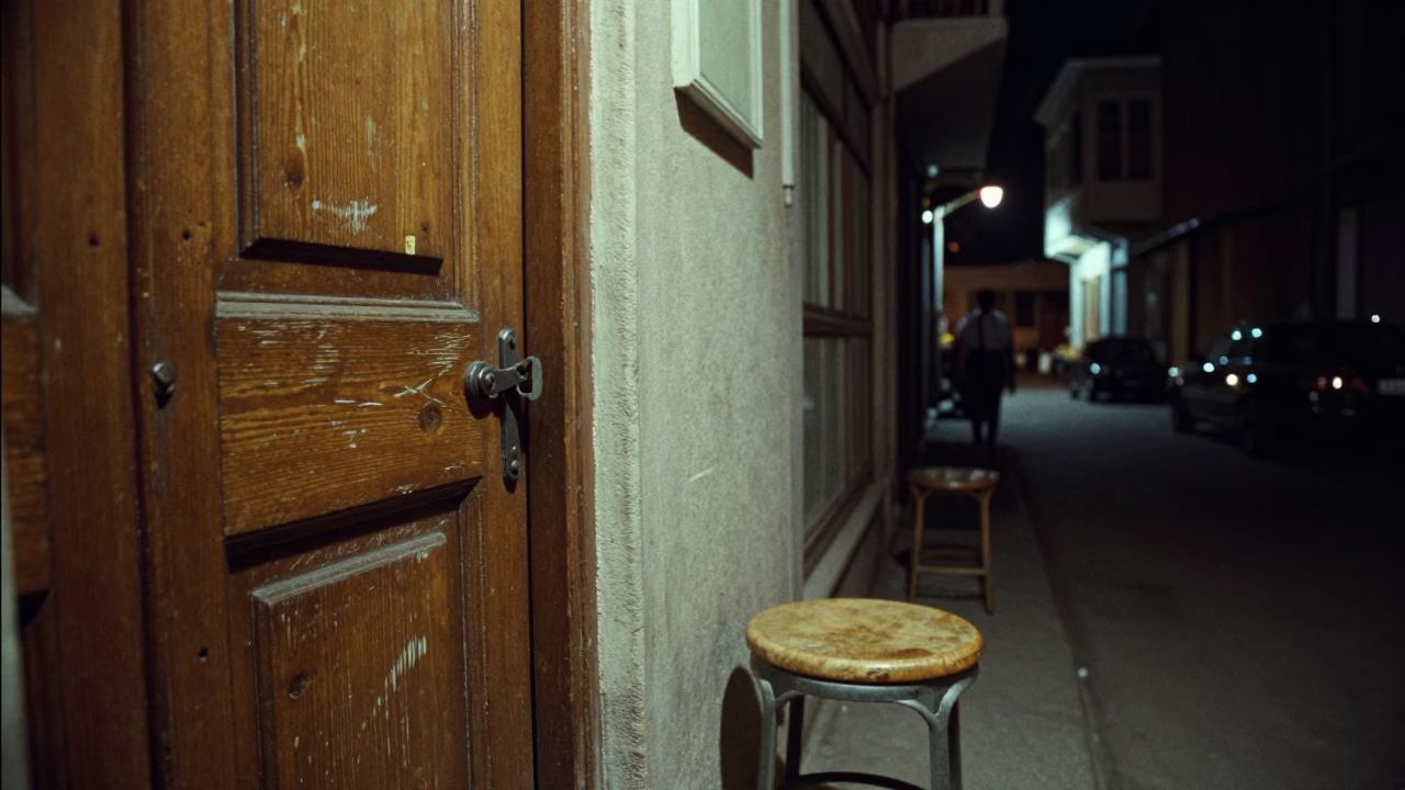 Nighttime Istanbul Street Scene with Latch and Stool Detail in in Istanbul, Turkey