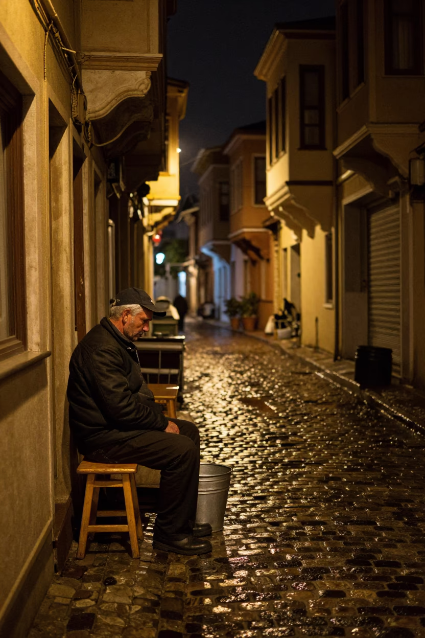 Nighttime Istanbul Street Scene with Metal Bucket and Stool Near Harbor in in Istanbul, Turkey