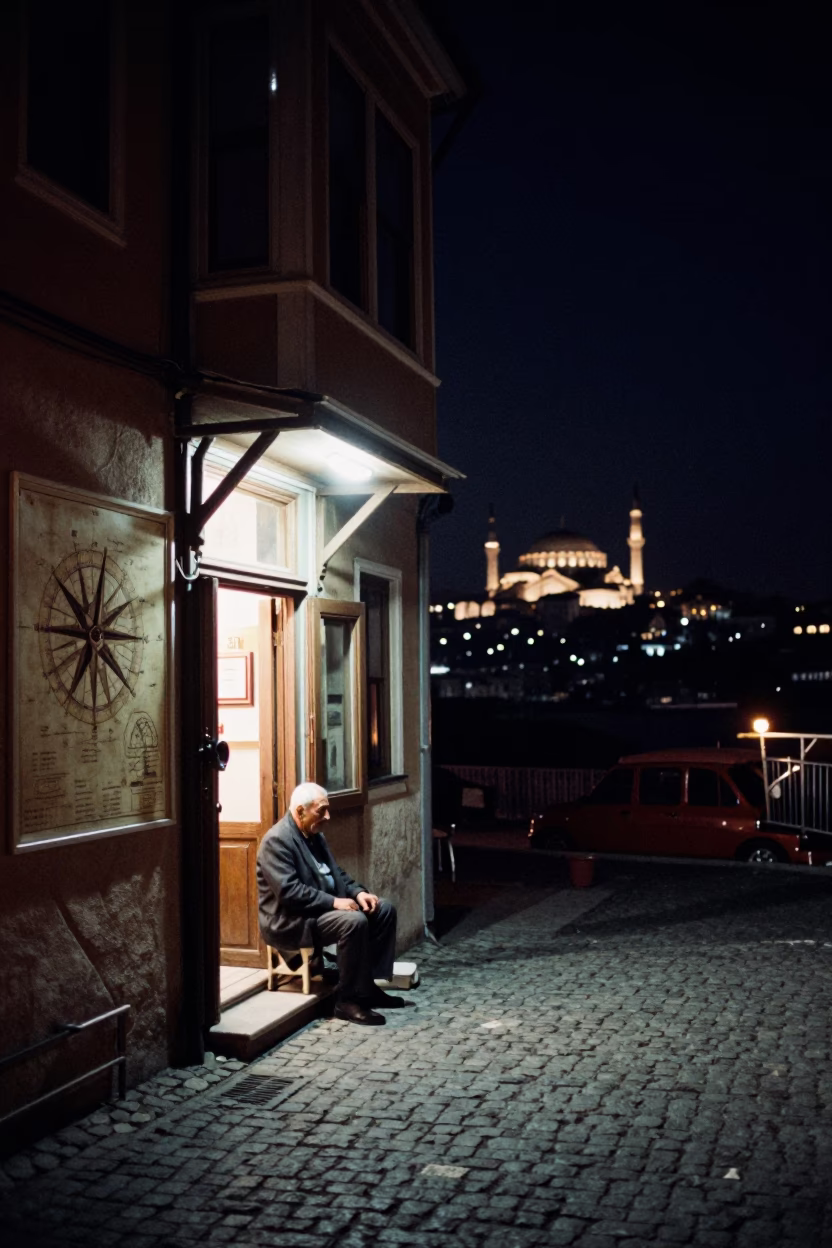Nighttime Istanbul Street Scene with Old Compass Chart and Doormat in in Istanbul, Turkey