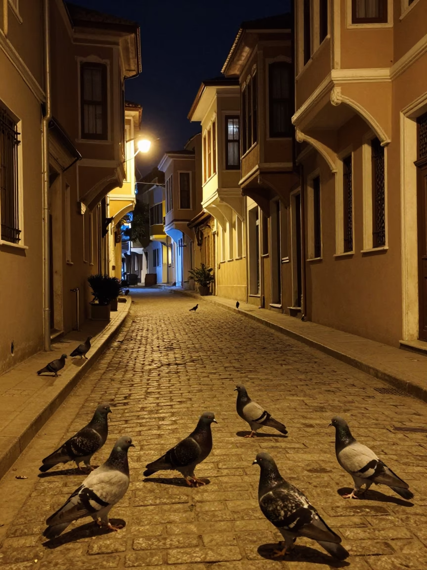 Nighttime Istanbul Street Scene with Pigeons and Traditional Architecture in in Istanbul, Turkey