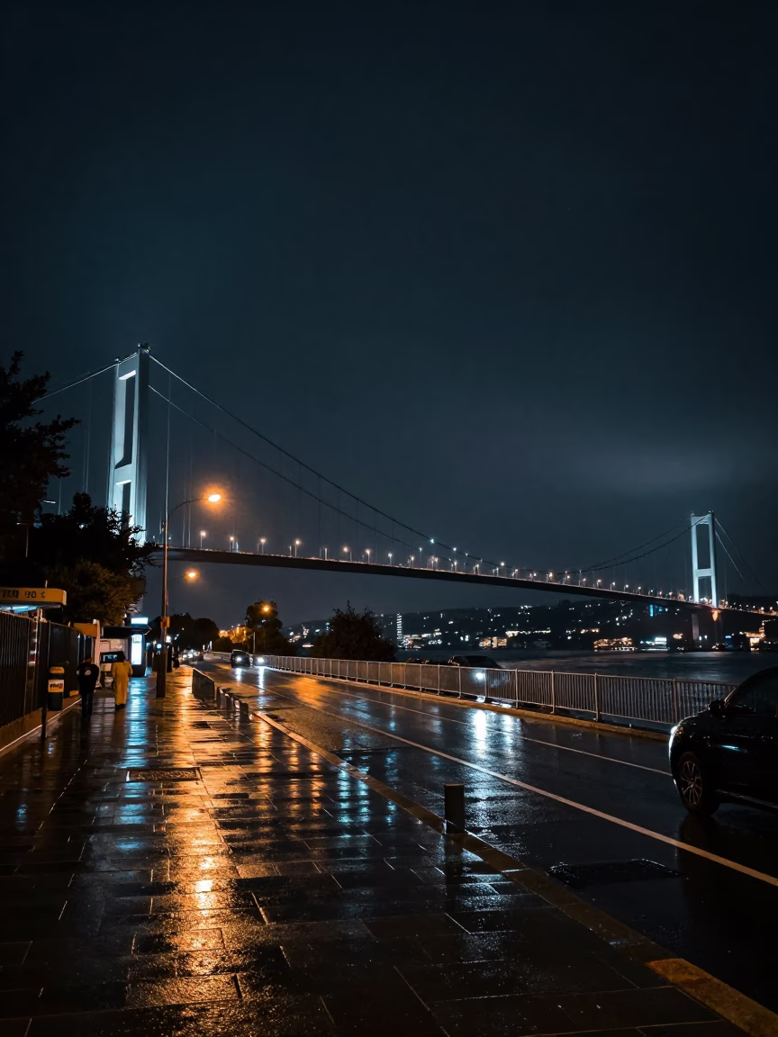 Nighttime Istanbul Street Scene with Suspension Bridge and Rain-Slicked Urban Elements in in Istanbul, Turkey