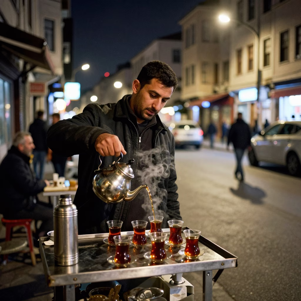 Nighttime Istanbul Street Scene with Tea and Thermos in in Istanbul, Turkey