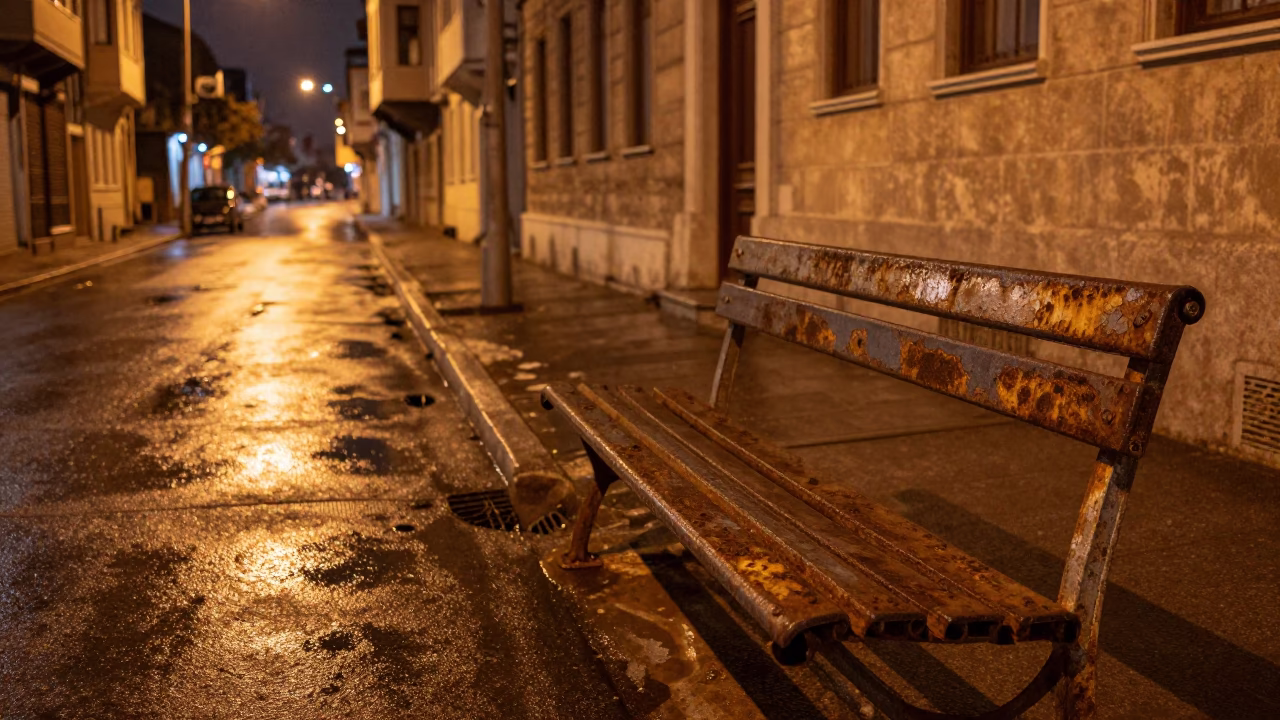 Nighttime Istanbul Street Scene with Tea Stains and Rusty Bench Under Overpass Taillight Streaks in in Istanbul, Turkey