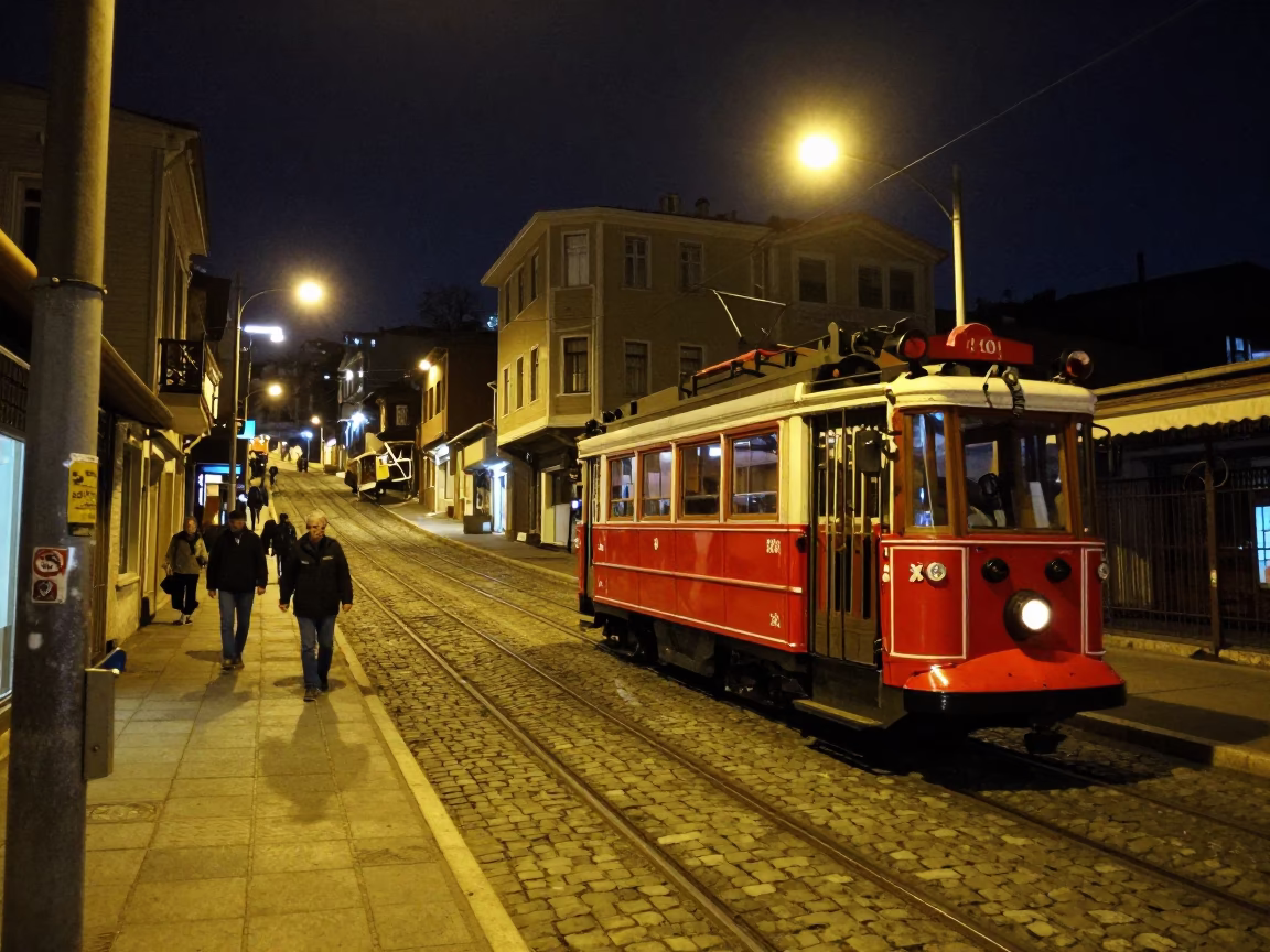 Nighttime Istanbul Street Scene with Tram on Steep Hill and Urban Infrastructure in in Istanbul, Turkey
