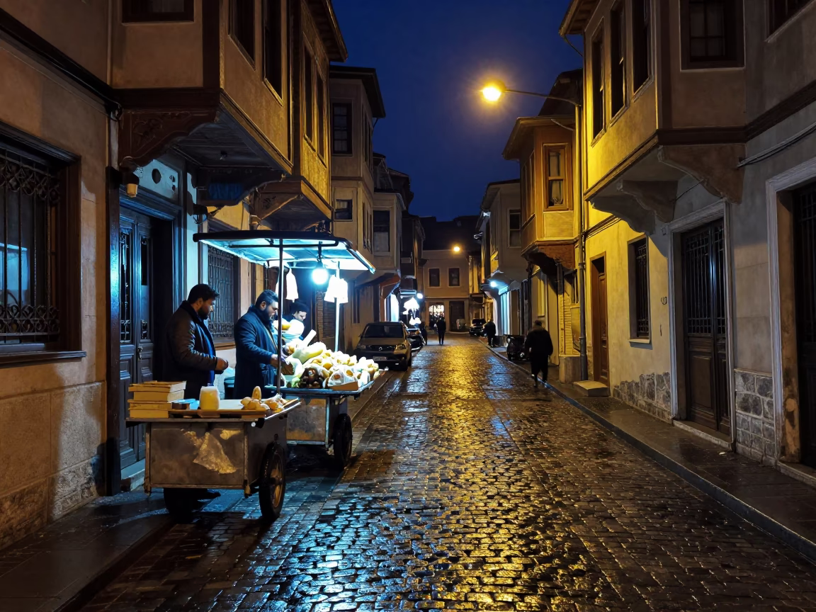 Nighttime Istanbul street scene with vendor and blue and white porcelain plate in in Istanbul, Turkey