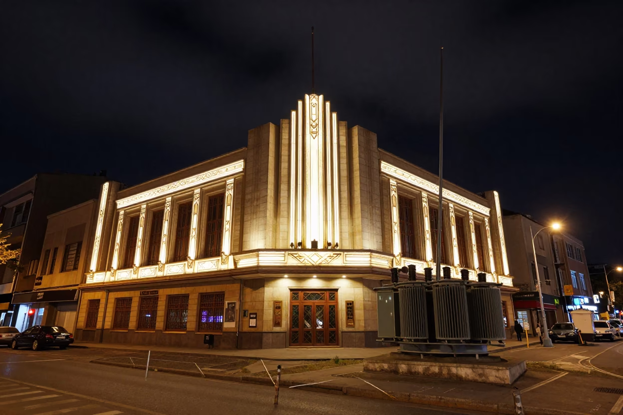 Nighttime Istanbul Street Scene with Vintage Art Deco Cinema Facade and Humming Substation in in Istanbul, Turkey