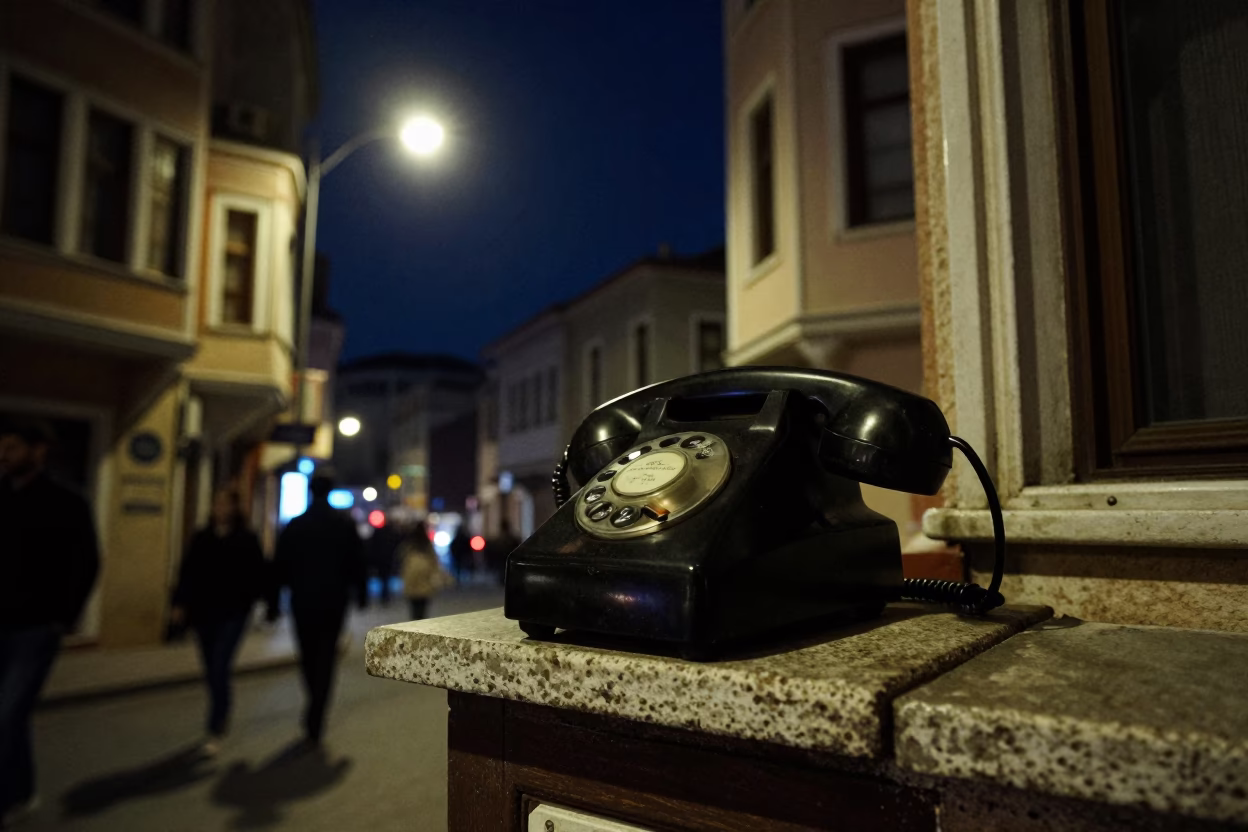 Nighttime Istanbul Street Scene with Vintage Bakelite Telephone and Bicycle Under Deep Sky in in Istanbul, Turkey