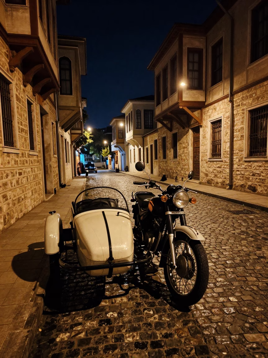 Nighttime Istanbul Street Scene with Vintage Motorcycle and Sidecar Near Historic Architecture in in Istanbul, Turkey