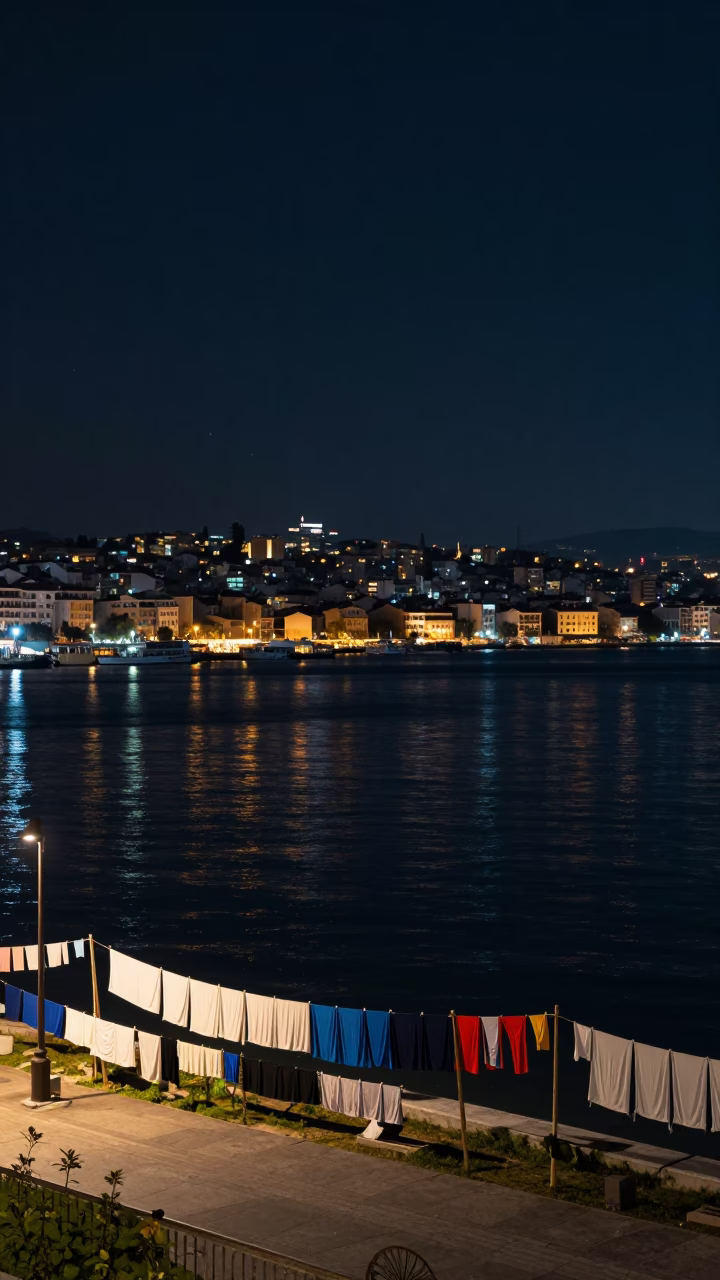 Nighttime Izmir Harbor View with Drying Laundry and City Lights in in Izmir, Turkey