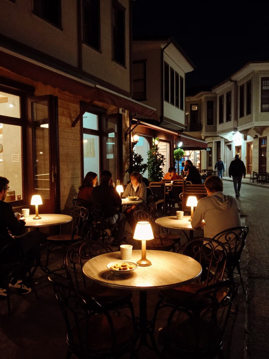 Nighttime Izmir Street Scene with Biscuit Tin and Colander on Cafe Table in in Izmir, Turkey