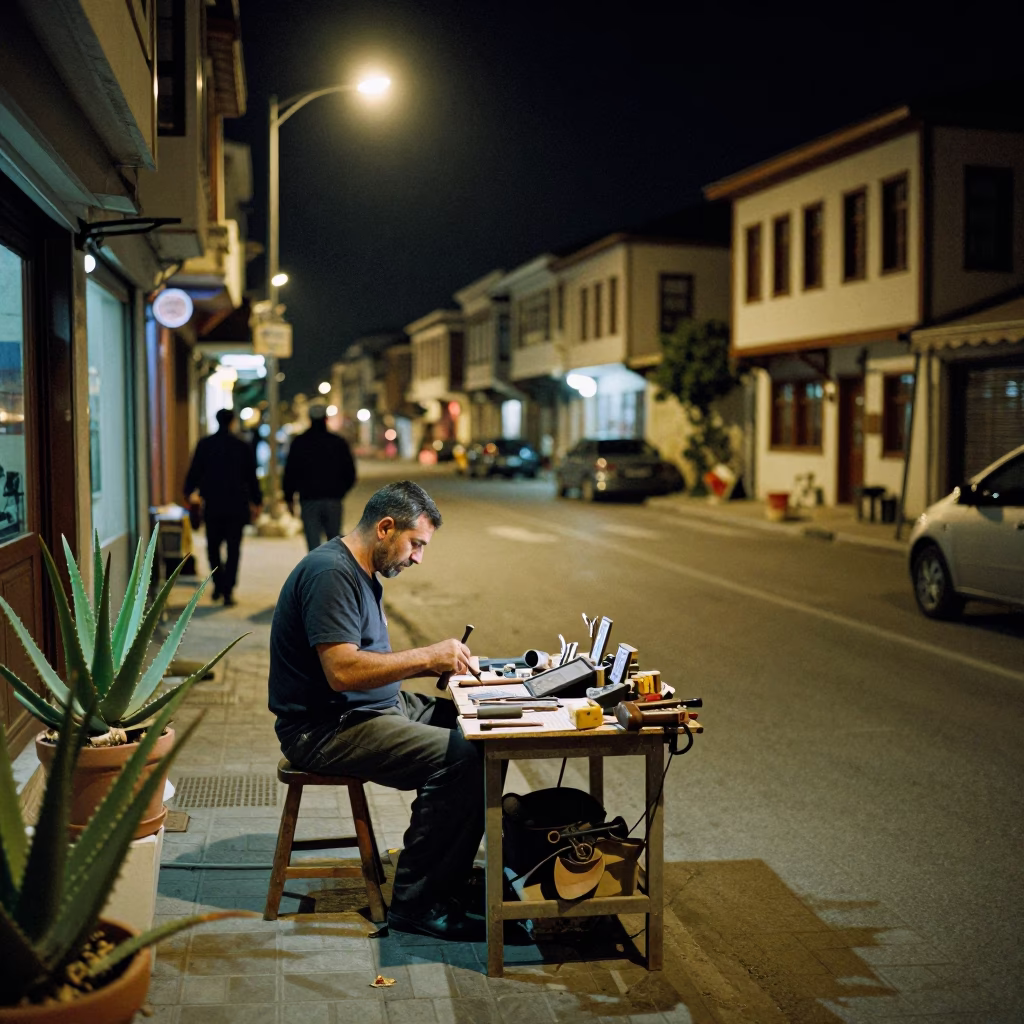 Nighttime Izmir Street Scene with Hand Tool and Aloe Vera Plant in Turkish City in in Izmir, Turkey