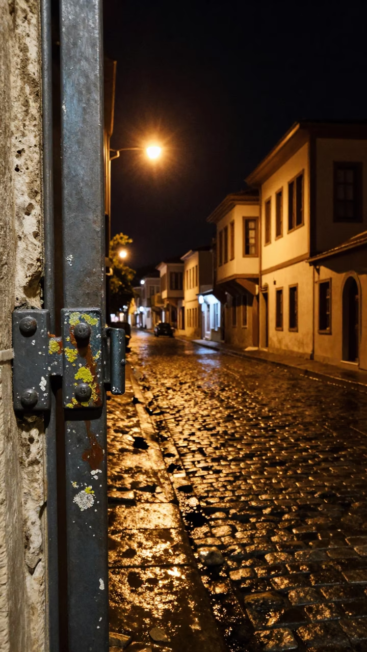 Nighttime Izmir Street Scene with Lichen Parapets and Paint Flecks in in Izmir, Turkey