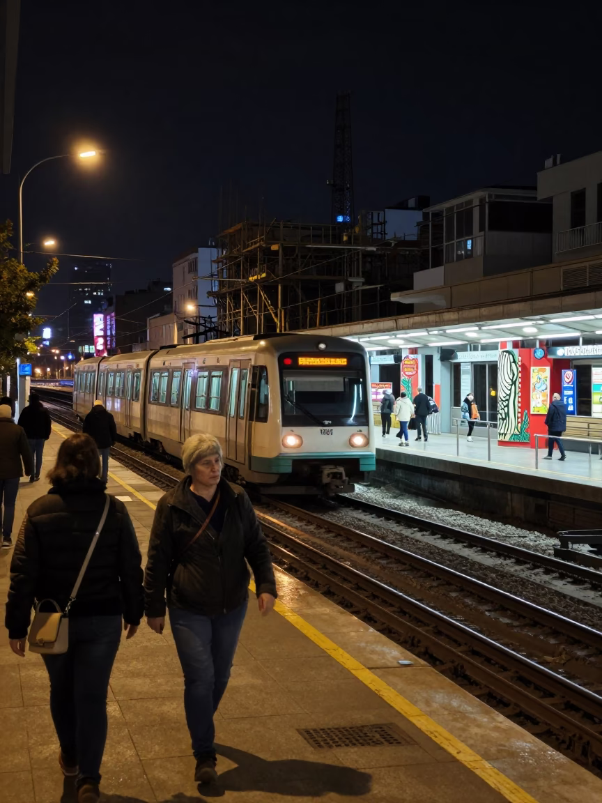 Nighttime Izmir Street Scene with Metro Train and Construction in Turkey in in Izmir, Turkey