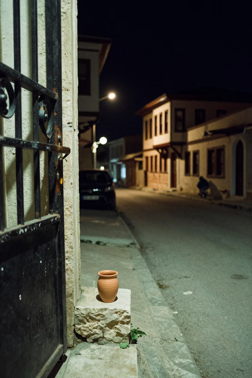 Nighttime Izmir Turkey Street Scene with Ceramic Cup and Gate Handle in in Izmir, Turkey
