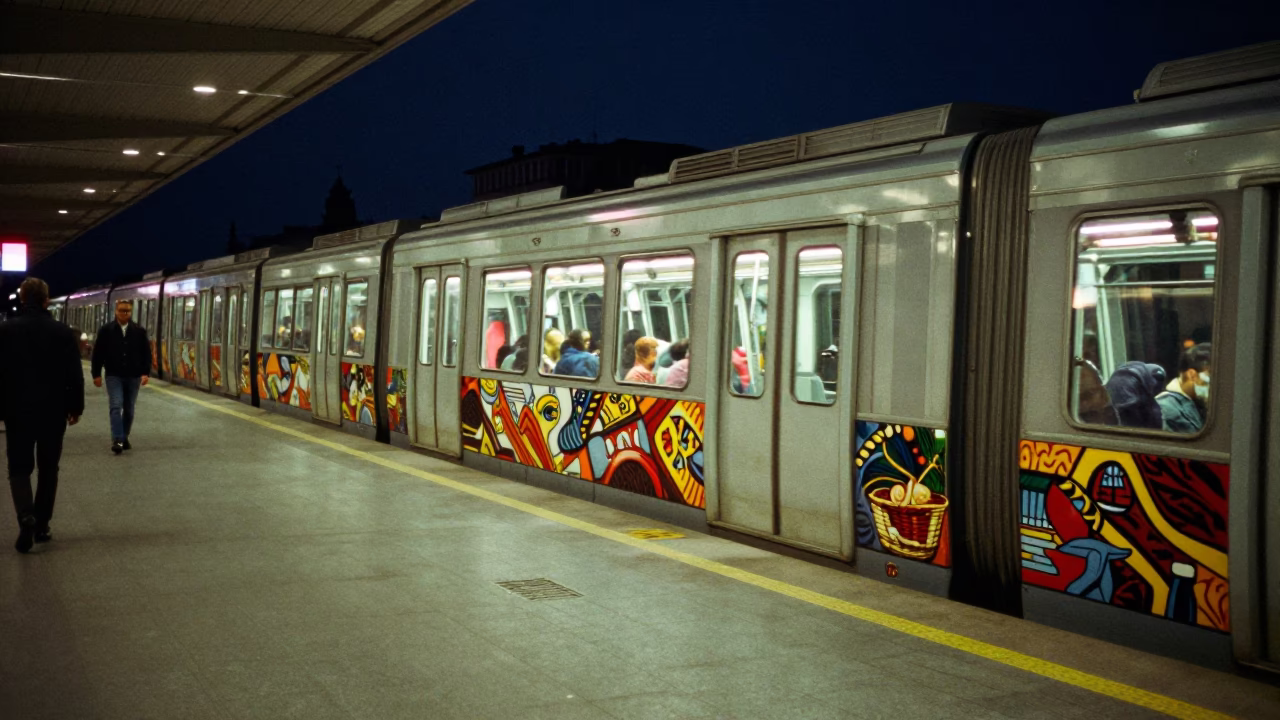 Nighttime Izmir Turkey Street Scene with Metro Train and Basket at Art-Adorned Station in in Izmir, Turkey