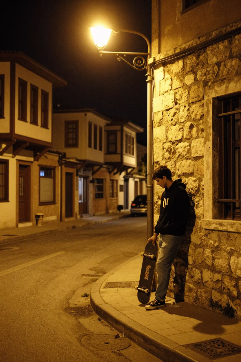 Nighttime Izmir Turkey Street Scene with Skateboard and Vintage Details in in Izmir, Turkey